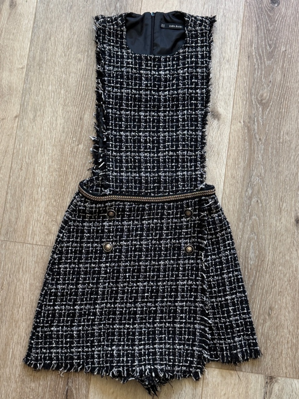 Black & White Tweed Sleeveless Romper with Gold Buttons